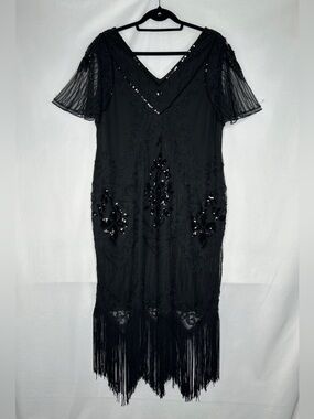 Pretty Guide Retro Dress Black Sequins Fringe V-neck Great Gatsby Sz 3 XL
